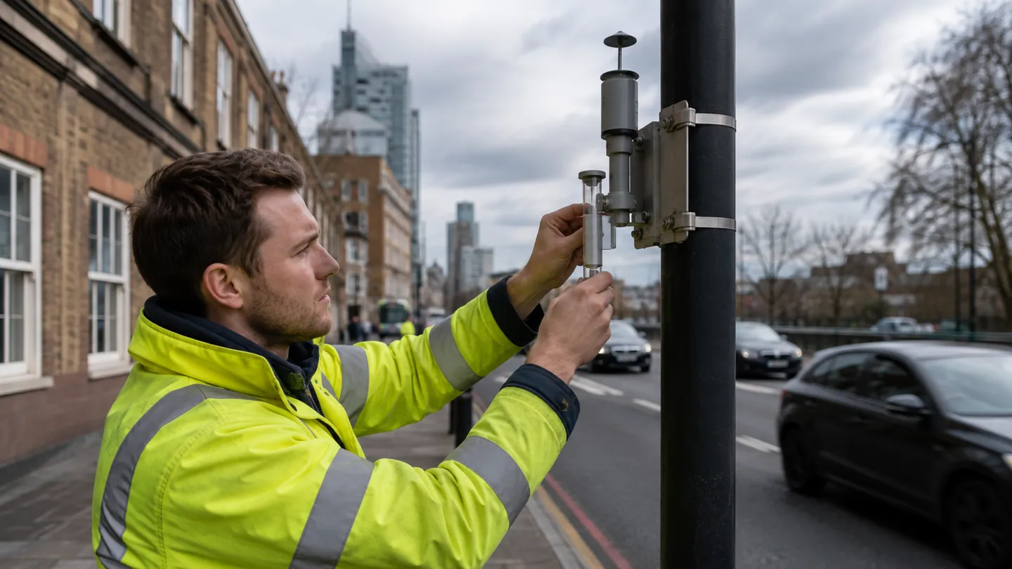 Air quality monitoring equipment being checked beside an urban road.