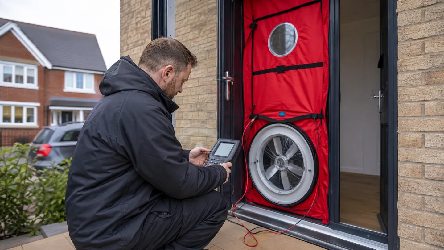Air tightness testing using a blower door system at a UK home.