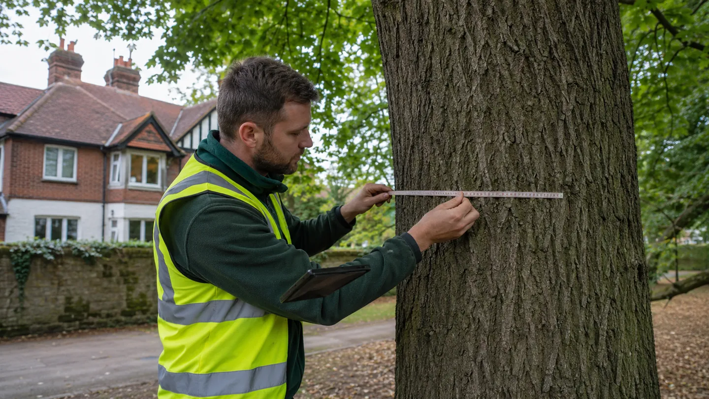 Arboricultural consultant measuring and recording a mature tree.