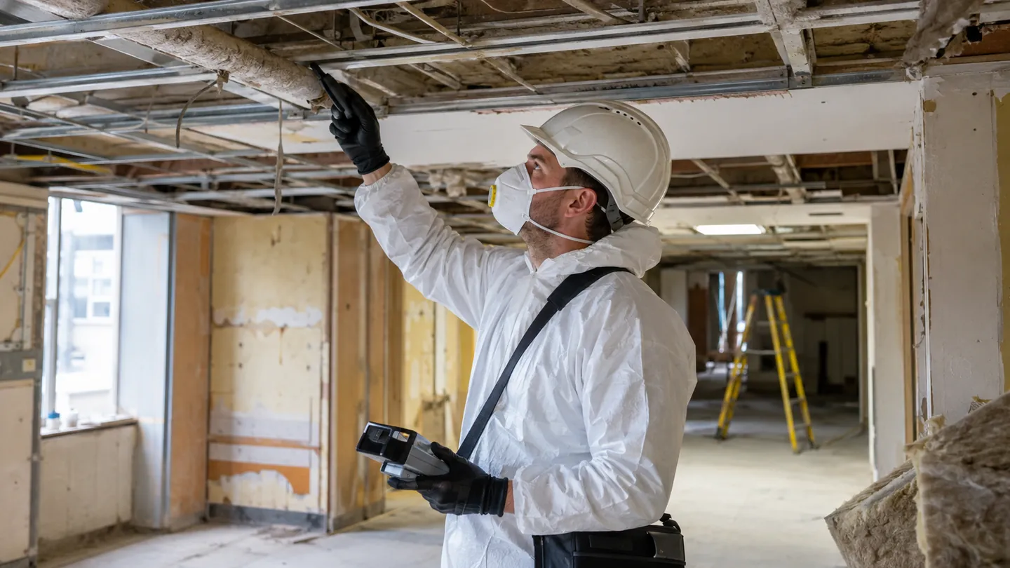 Surveyor inspecting a building interior as part of an asbestos survey.