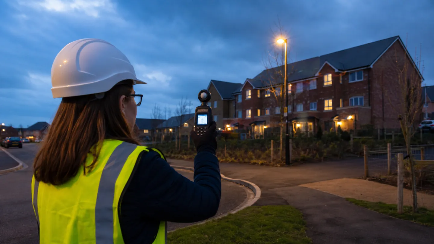 Consultant measuring external lighting levels at dusk.