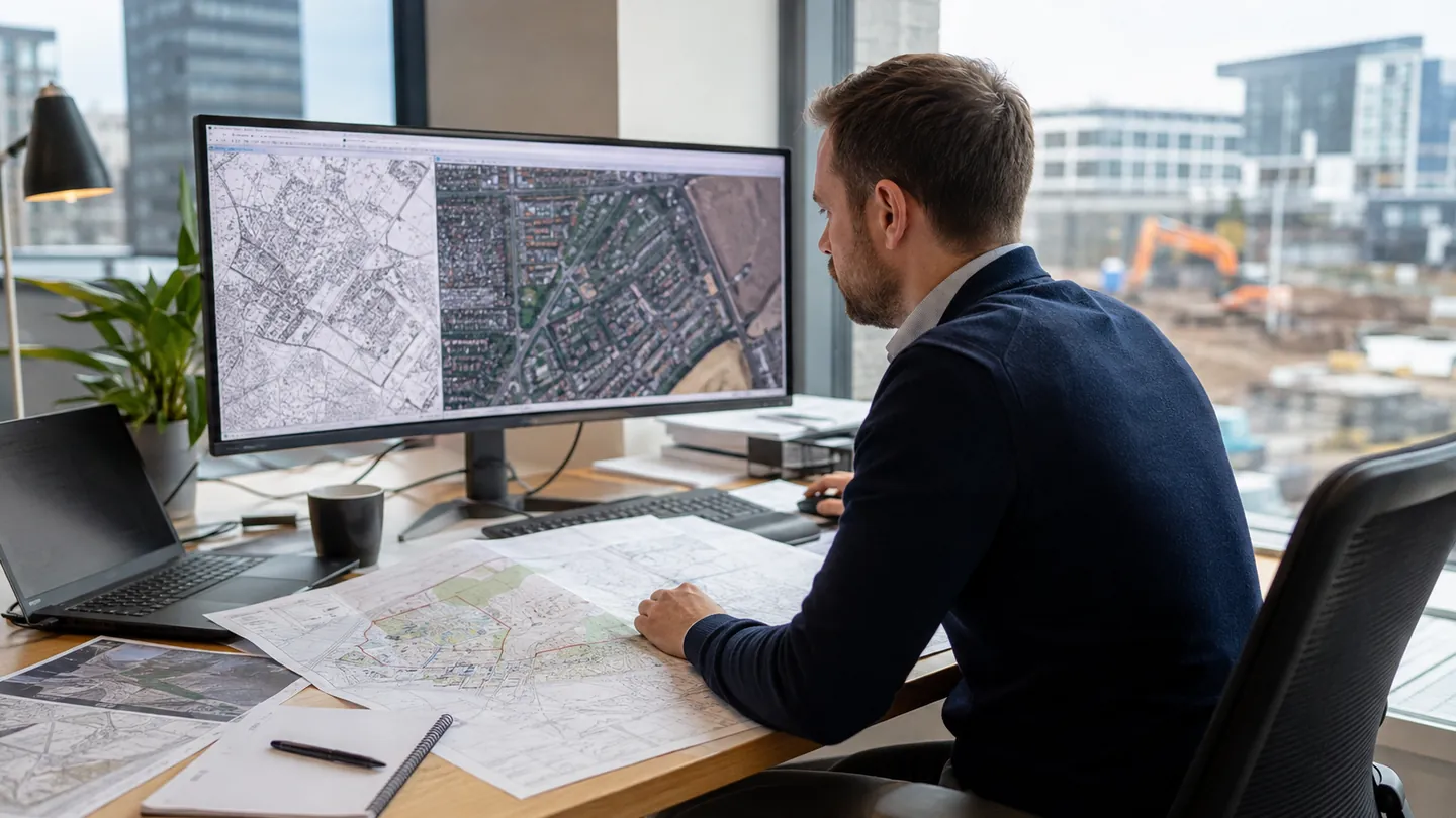Consultant reviewing mapping and site information for a Phase 1 Desktop Study.