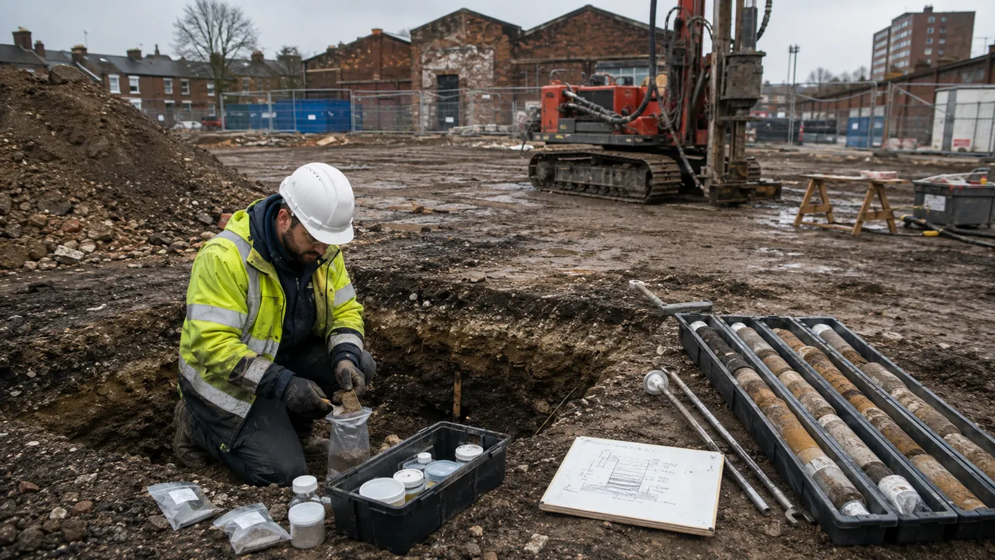 Ground investigation drilling and sample logging on a development site.