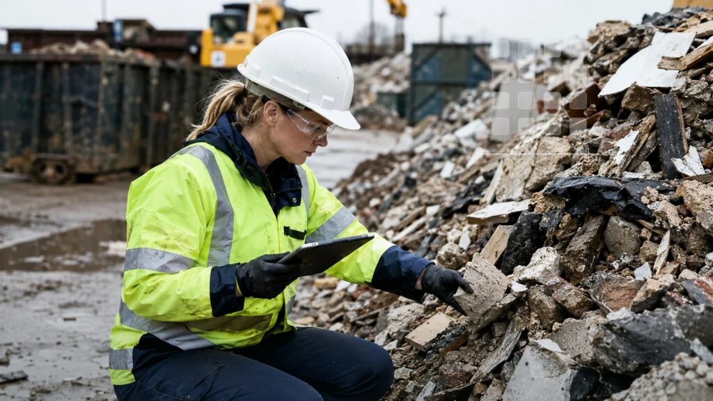 Waste specialist using a tablet while reviewing construction and demolition waste at a UK receiving site