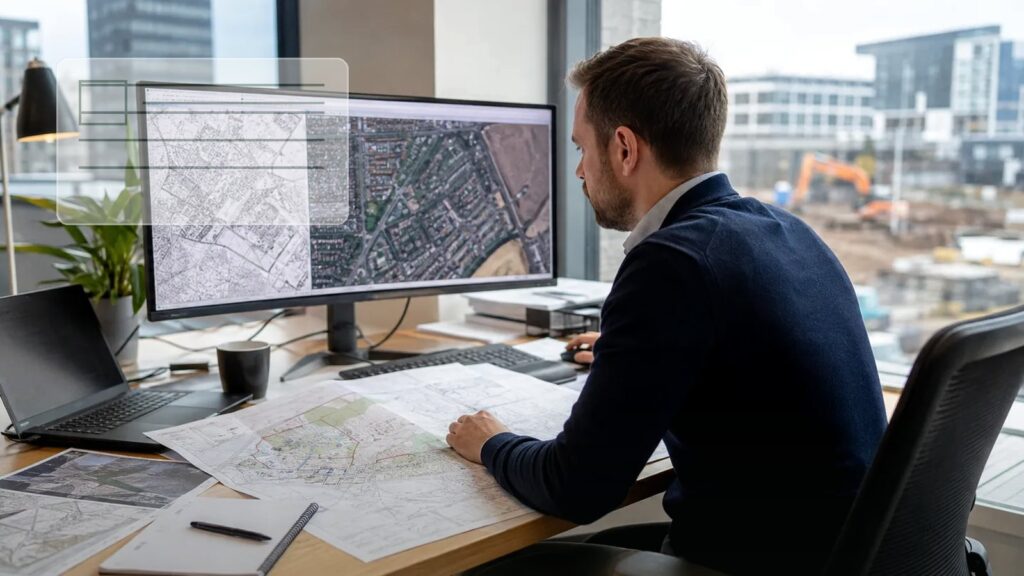 Environmental consultant reviewing mapping and planning information for a UK development site